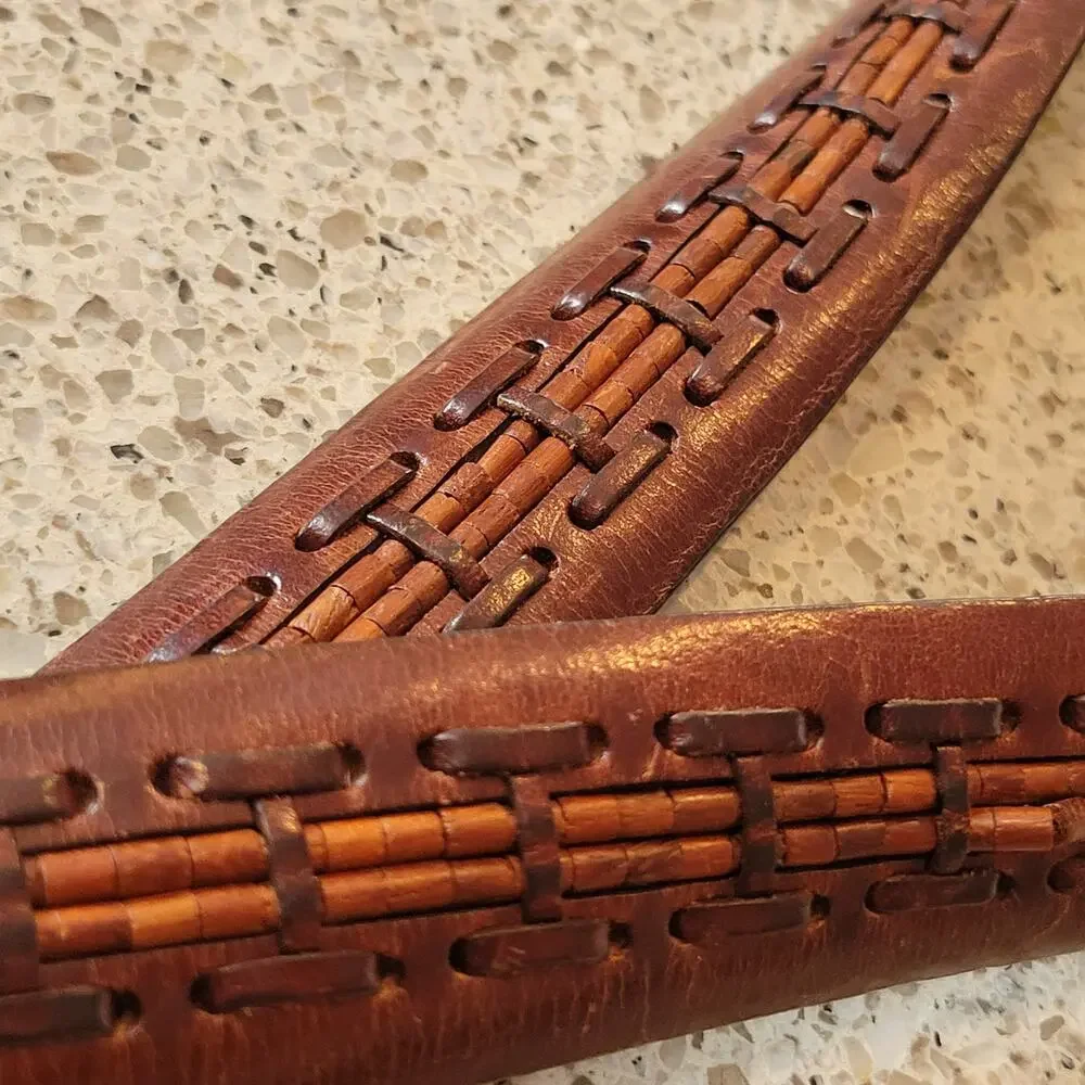 Brighton Mens Wooden Bead Genuine Leather Brown Braided Belt Silver Buckle✨️44